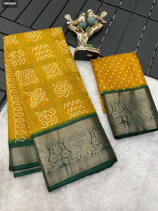 Bandhani Print Dola Cotton Saree with Kanjivaram Zari Border and Printed Blouse