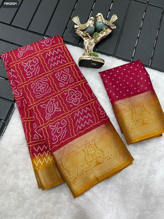 Bandhani Print Dola Cotton Saree with Kanjivaram Zari Border and Printed Blouse