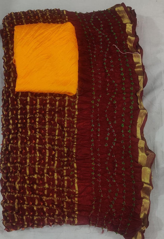 Bandhej Ghadchola Silk Saree with Zari Border and Contrast Blouse