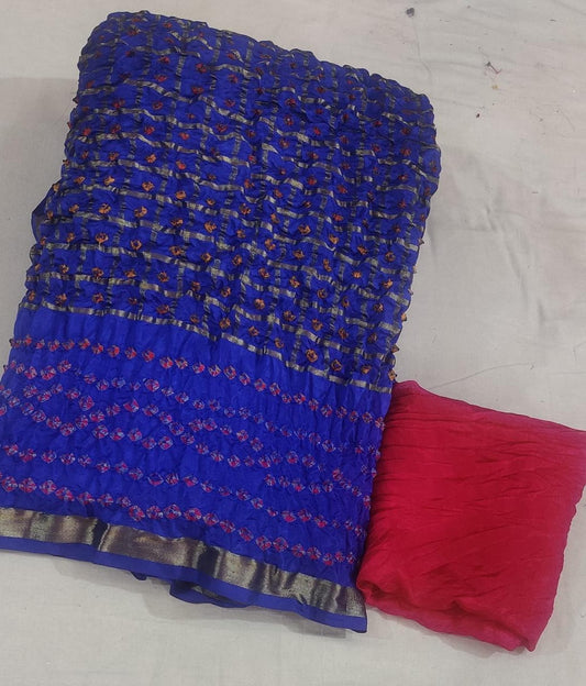 Bandhej Ghadchola Silk Saree with Zari Border and Contrast Blouse