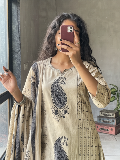 Black Cotton 60×60 Kairi Print Suit Set with Malmal Dupatta