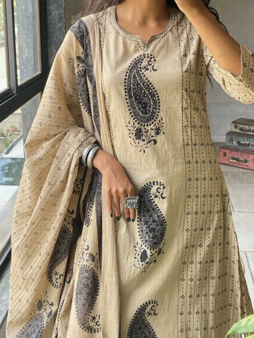 Black Cotton 60×60 Kairi Print Suit Set with Malmal Dupatta