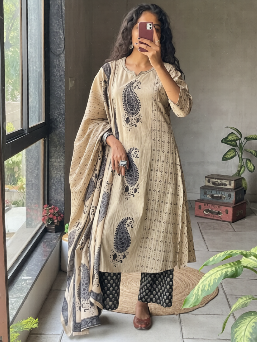 Black Cotton 60×60 Kairi Print Suit Set with Malmal Dupatta