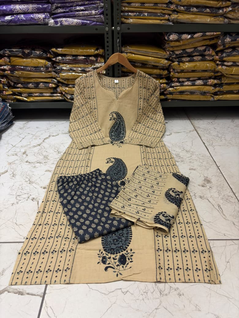 Black Cotton 60×60 Kairi Print Suit Set with Malmal Dupatta