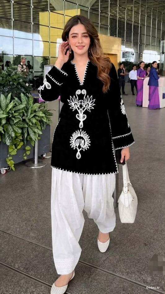 Black Cotton Embroidered Farshi Salwar Suit Set