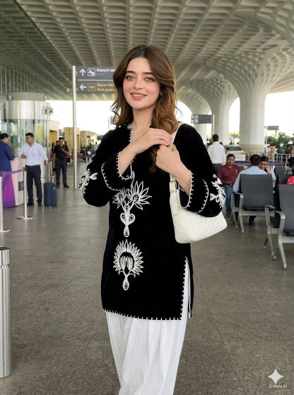 Black Cotton Embroidered Farshi Salwar Suit Set
