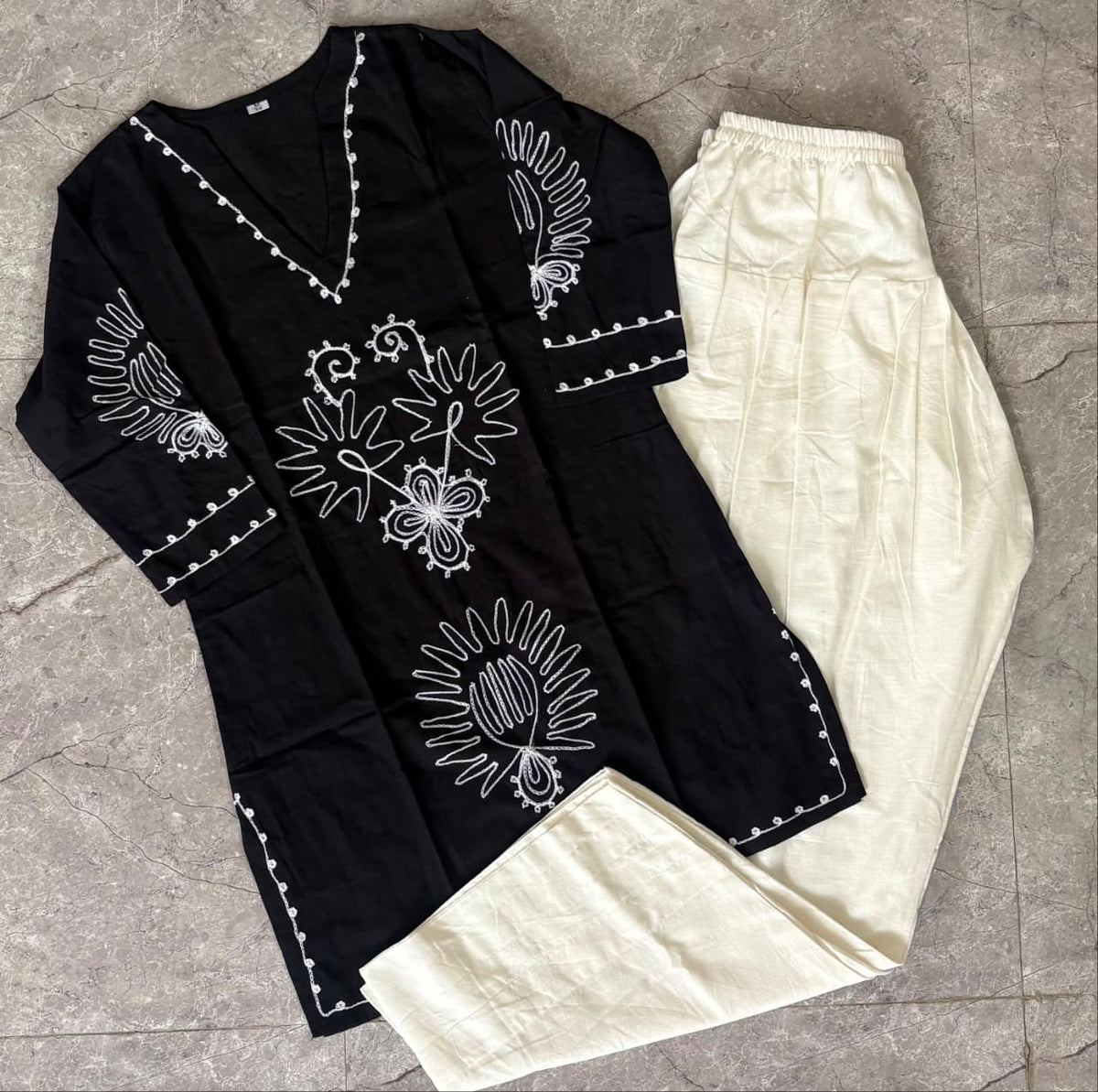 Black Cotton Embroidered Farshi Salwar Suit Set
