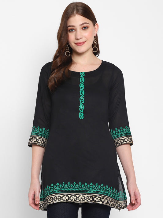 Black Cotton Kurti with Printed Neckline, Sleeves & Hem