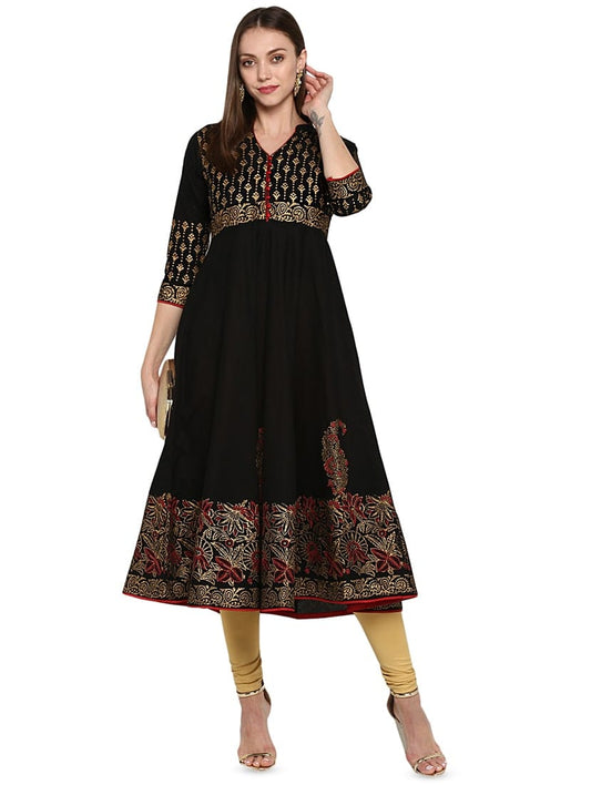 Black Cotton Printed Anarkali Kurta – 48" Length
