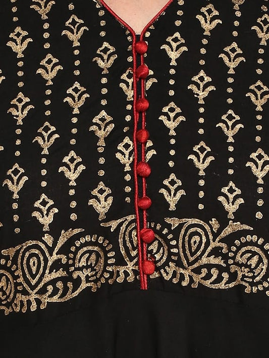 Black Cotton Printed Anarkali Kurta – 48" Length