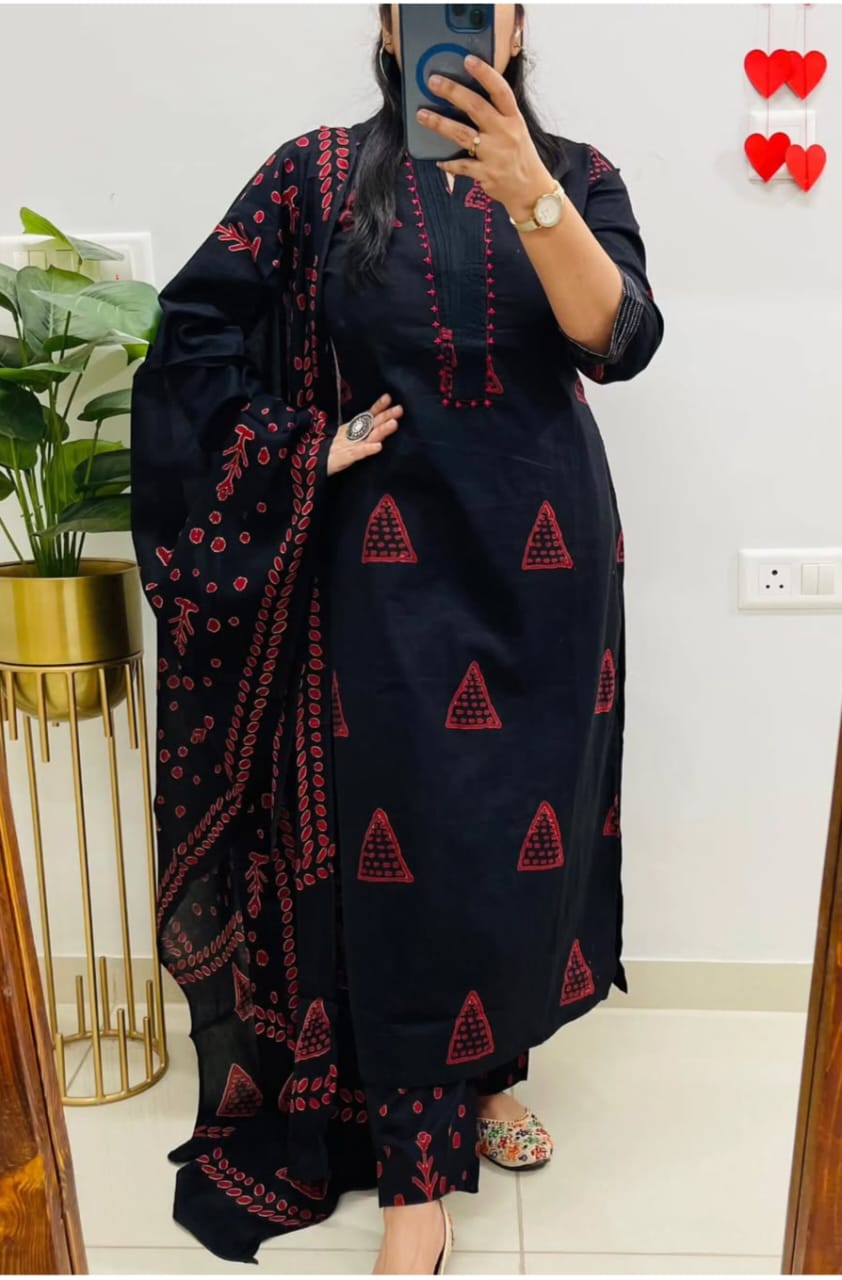 Black Cotton Suit with Thread Work on Yoke | Block Cotton Fabric