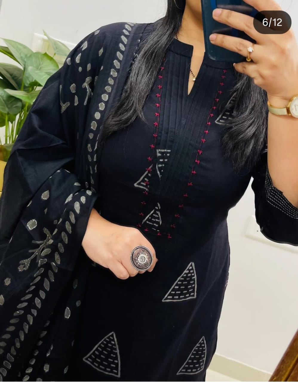 Black Cotton Suit with Thread Work on Yoke | Block Cotton Fabric