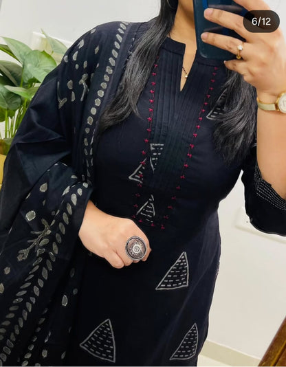 Black Cotton Suit with Thread Work on Yoke | Block Cotton Fabric