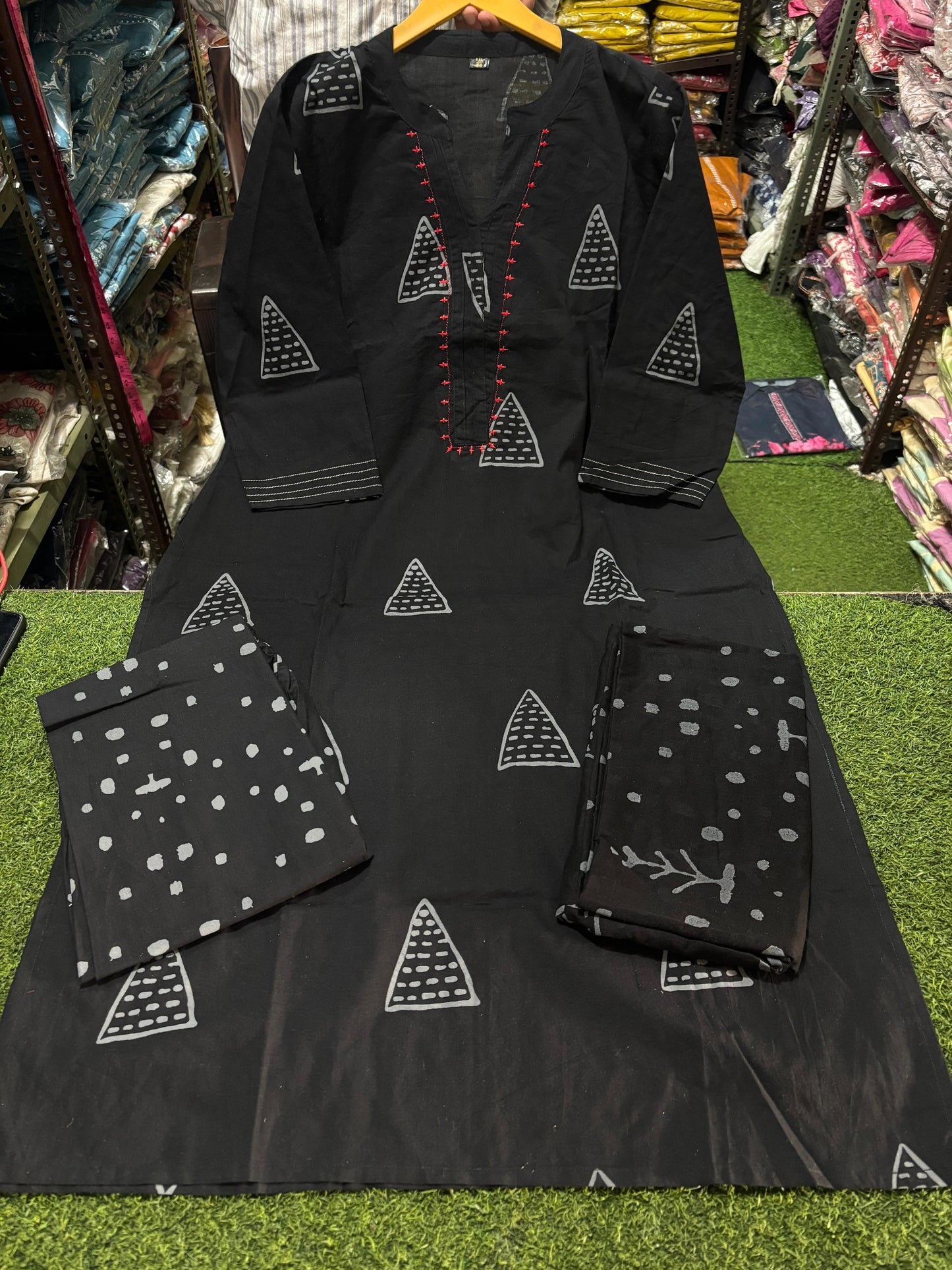 Black Cotton Suit with Thread Work on Yoke | Block Cotton Fabric