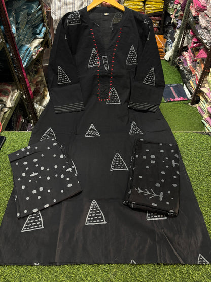 Black Cotton Suit with Thread Work on Yoke | Block Cotton Fabric