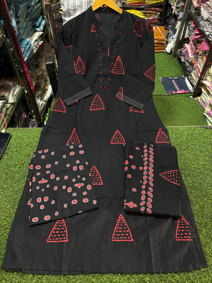 Black Cotton Suit with Thread Work on Yoke | Block Cotton Fabric