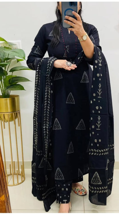 Black Cotton Suit with Thread Work on Yoke | Block Cotton Fabric