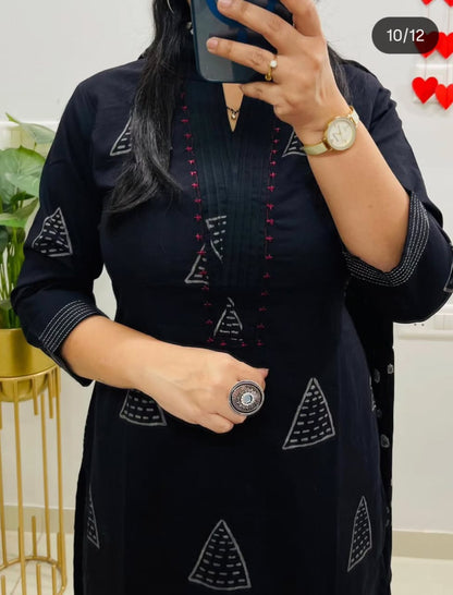 Black Cotton Suit with Thread Work on Yoke | Block Cotton Fabric