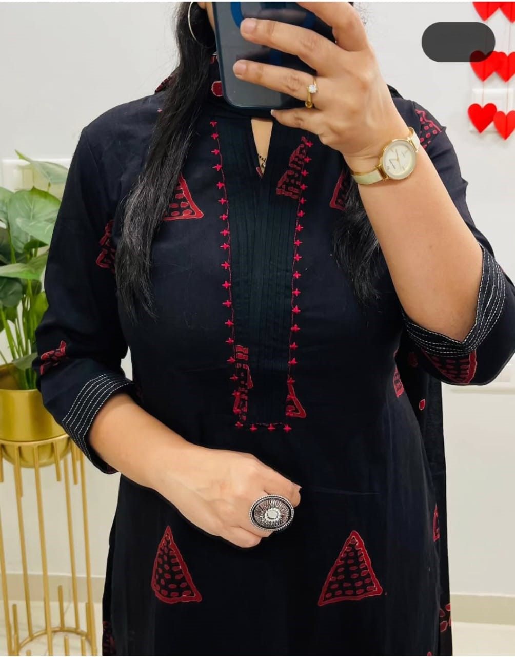 Black Cotton Suit with Thread Work Yoke