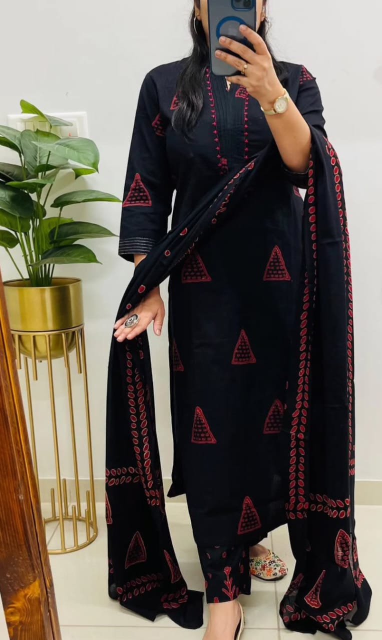 Black Cotton Suit with Thread Work Yoke