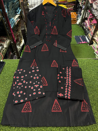 Black Cotton Suit with Thread Work Yoke