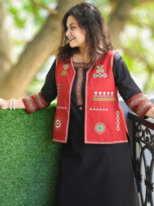 Black Kurti Pant Set with Red Embroidered Cotton Jacket – 3 Piece Set