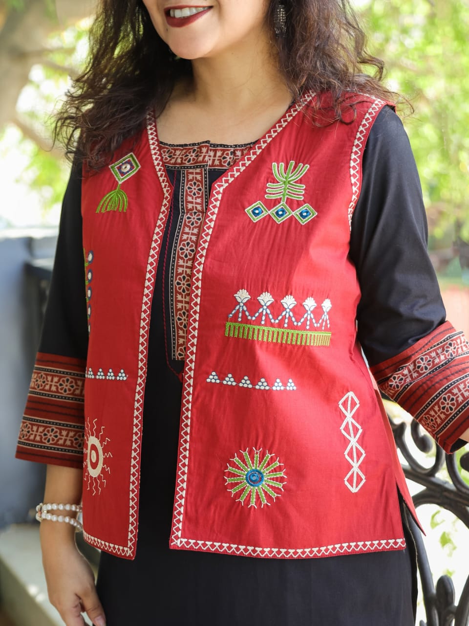 Black Kurti Pant Set with Red Embroidered Cotton Jacket – 3 Piece Set