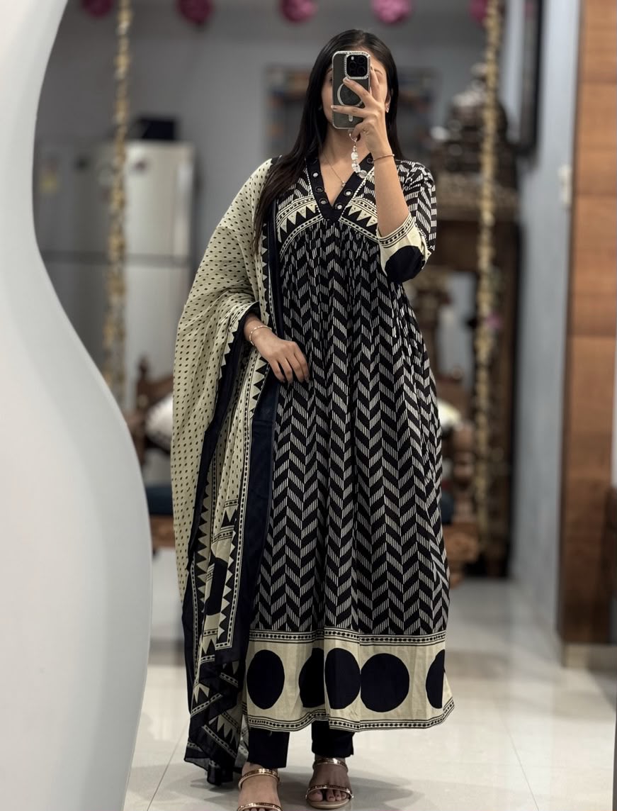 Black Procin Print Cotton A-Line Kurti Set with Pant & Mal Mal Dupatta
