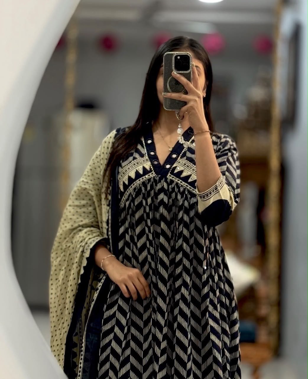 Black Procin Print Cotton A-Line Kurti Set with Pant & Mal Mal Dupatta