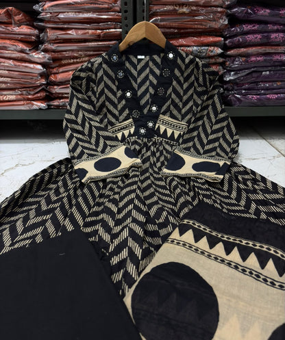 Black Procin Print Cotton A-Line Kurti Set with Pant & Mal Mal Dupatta