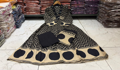 Black Procin Print Cotton A-Line Kurti Set with Pant & Mal Mal Dupatta