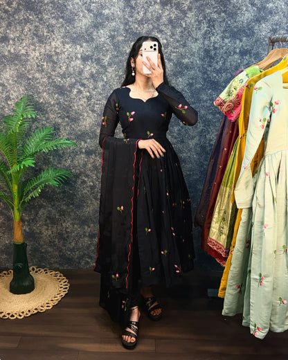 Black South Mull Chanderi Embroidered Anarkali Kurta with Dupatta