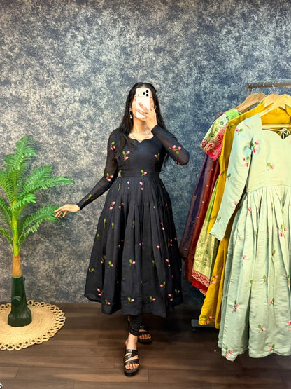 Black South Mull Chanderi Embroidered Anarkali Kurta with Dupatta