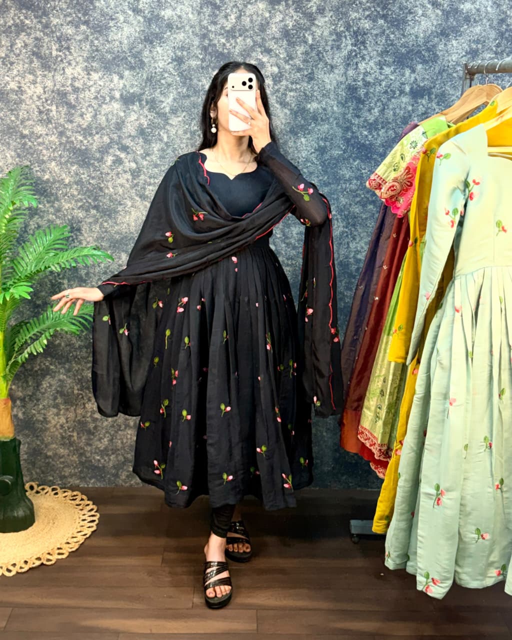 Black South Mull Chanderi Embroidered Anarkali Kurta with Dupatta
