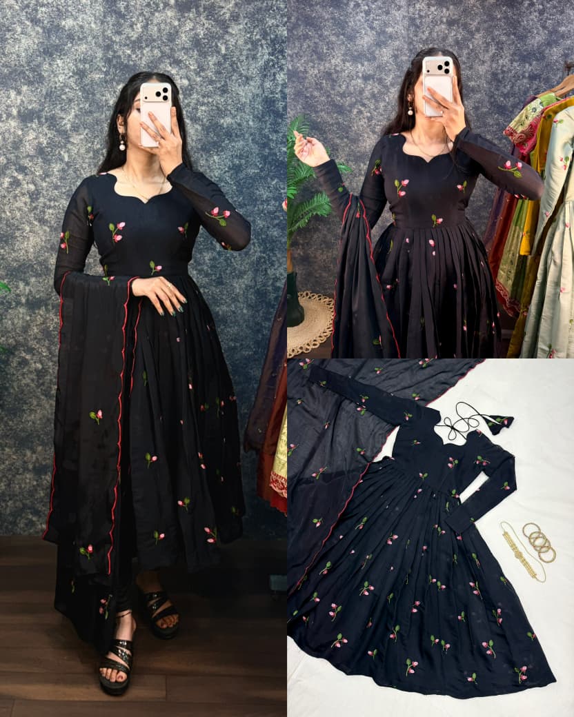 Black South Mull Chanderi Embroidered Anarkali Kurta with Dupatta