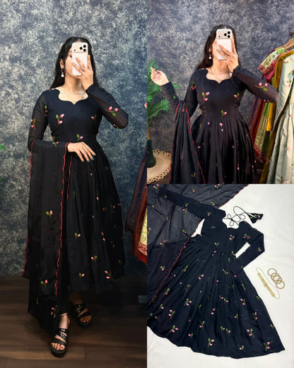 Black South Mull Chanderi Embroidered Anarkali Kurta with Dupatta