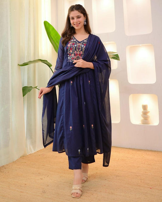 Blue 60×60 Cotton Embroidered Suit Set with Pant & Dupatta