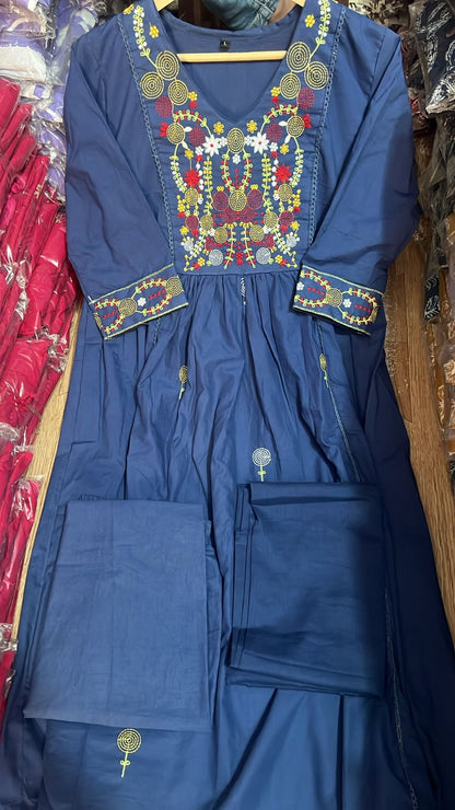Blue 60×60 Cotton Embroidered Suit Set with Pant & Dupatta