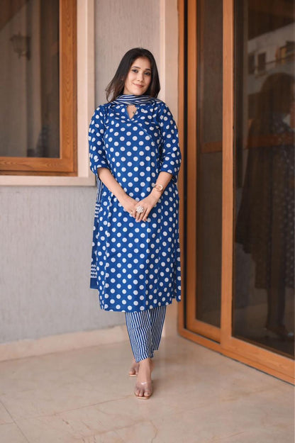 Blue Angrakha-Style Straight Kurti with Polka Dot Print, Lace & Sequin Work - Top, Pant, and Dupatta Set