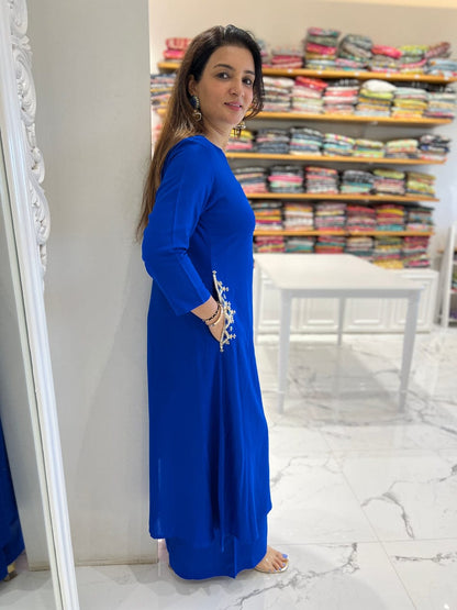 Blue Cotton 60x60 Kurti Palazzo Set with Dual-Side Work on Pocket