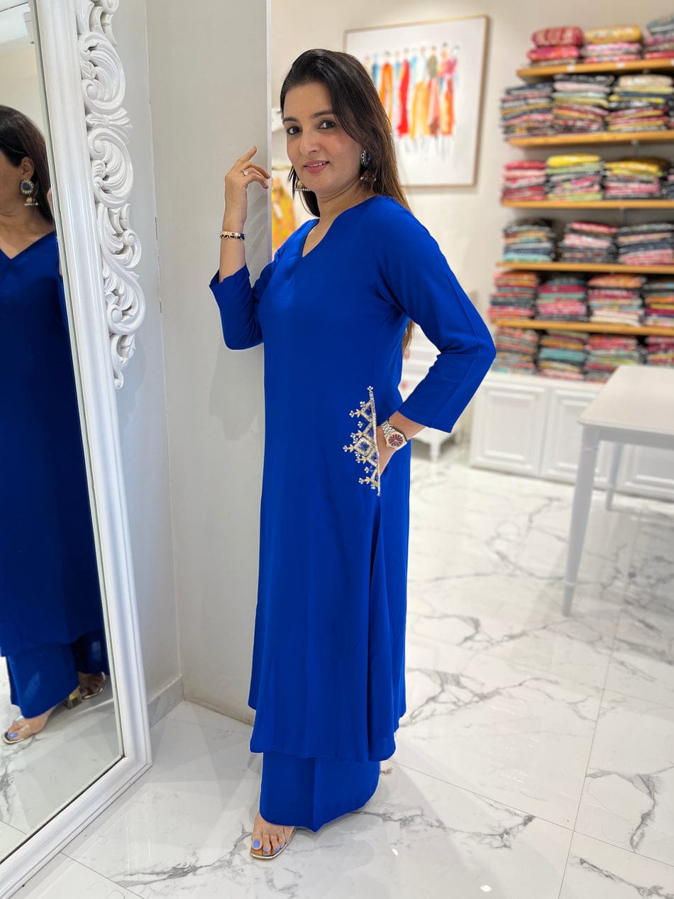 Blue Cotton 60x60 Kurti Palazzo Set with Dual-Side Work on Pocket