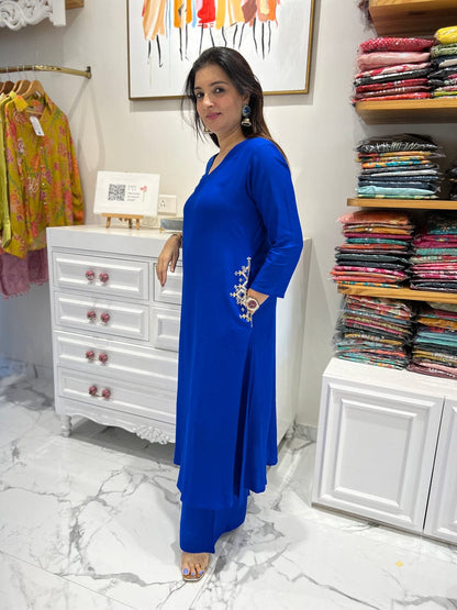 Blue Cotton 60x60 Kurti Palazzo Set with Dual-Side Work on Pocket