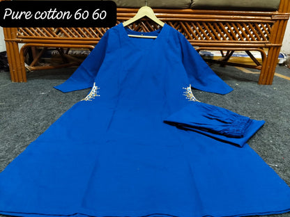 Blue Cotton 60x60 Kurti Palazzo Set with Dual-Side Work on Pocket