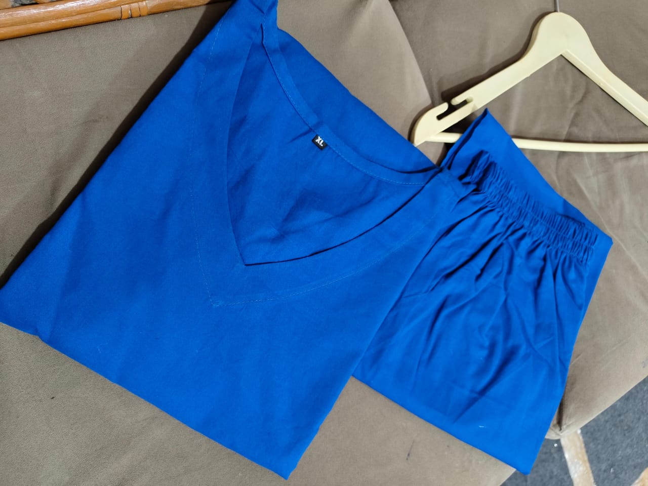 Blue Cotton 60x60 Kurti Palazzo Set with Dual-Side Work on Pocket