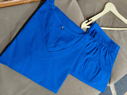 Blue Cotton 60x60 Kurti Palazzo Set with Dual-Side Work on Pocket