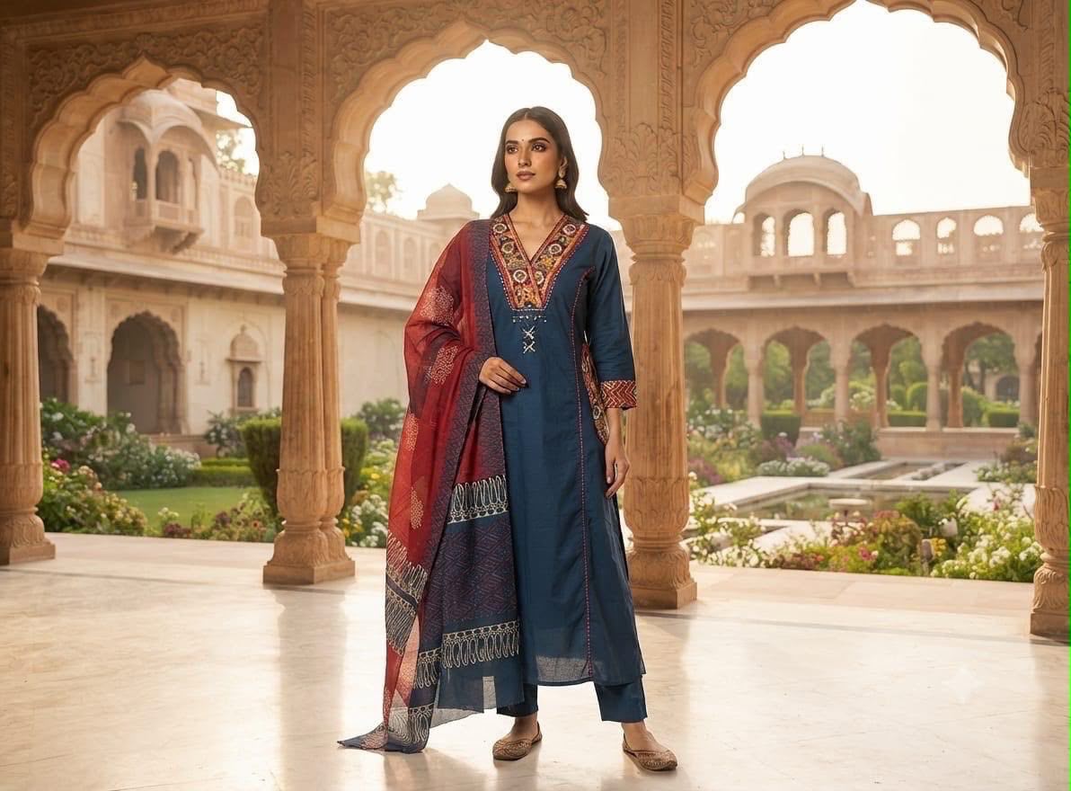Blue Cotton A-Line Kurti Set with Kanch & Moti Embroidery and Malmal Dupatta