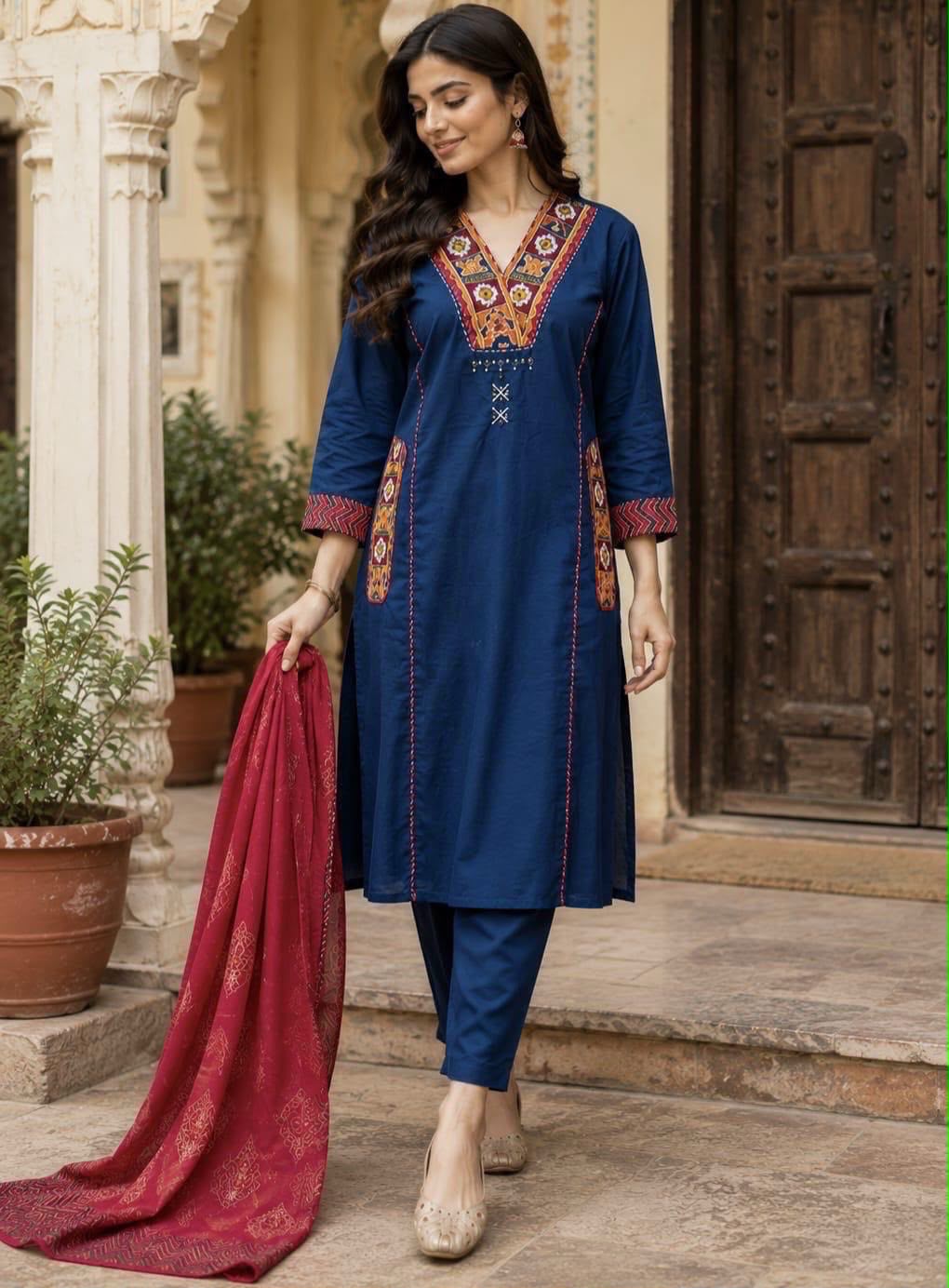 Blue Cotton A-Line Kurti Set with Kanch & Moti Embroidery and Malmal Dupatta