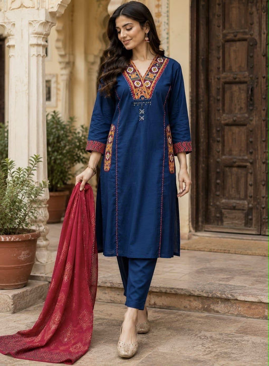 Blue Cotton A-Line Kurti Set with Kanch & Moti Embroidery and Malmal Dupatta