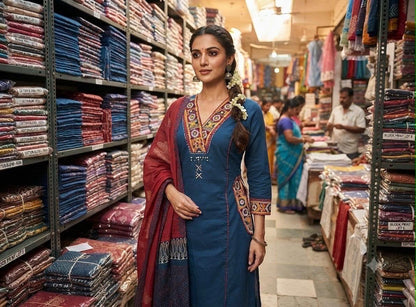 Blue Cotton A-Line Kurti Set with Kanch & Moti Embroidery and Malmal Dupatta