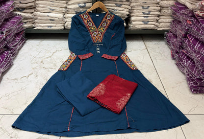 Blue Cotton A-Line Kurti Set with Kanch & Moti Embroidery and Malmal Dupatta